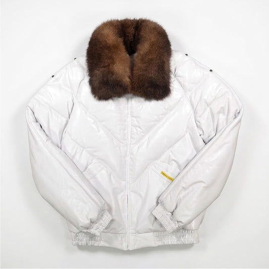 White calfskin V-bomber jacket with detachable brown opossum fur collar, front view