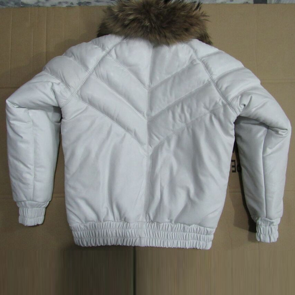 Durable back construction of the white Double Goose V-Bomber jacket with reinforced stitching and rib-knit waist.