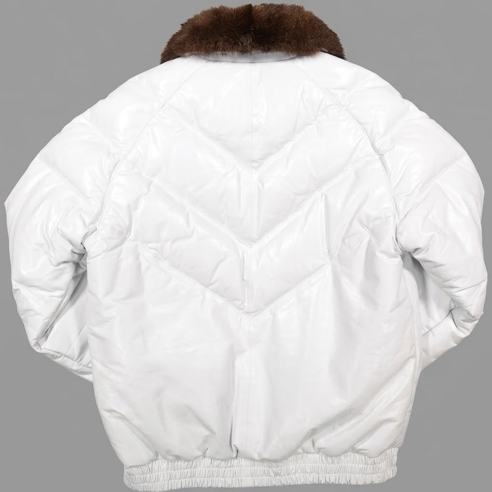 Back view of white leather V-bomber jacket showing chevron quilted panel stitching