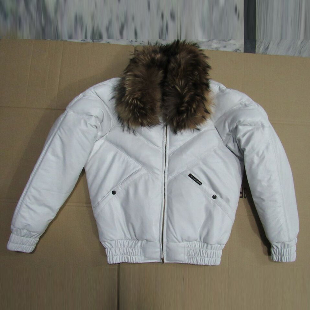 Men's Double Goose style white leather jacket with a plush real fox fur collar for ultimate winter warmth.