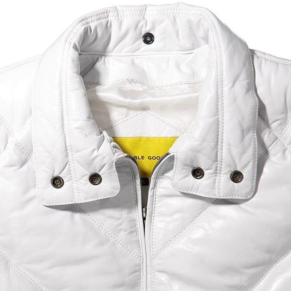 Close-up of white leather jacket stand-up collar with snap buttons and yellow Double Goose label
