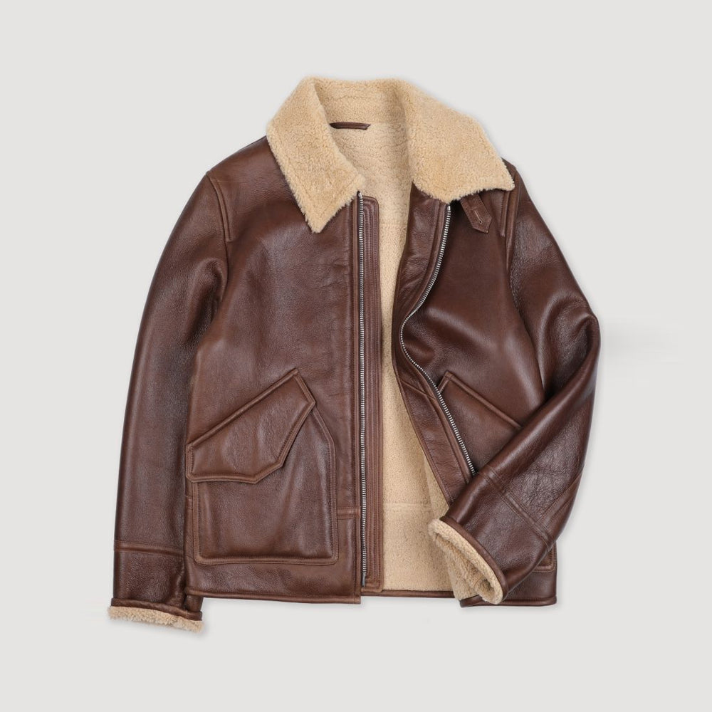 Inner soft cream shearling wool lining shown inside an espresso brown real lambskin leather flight jacket