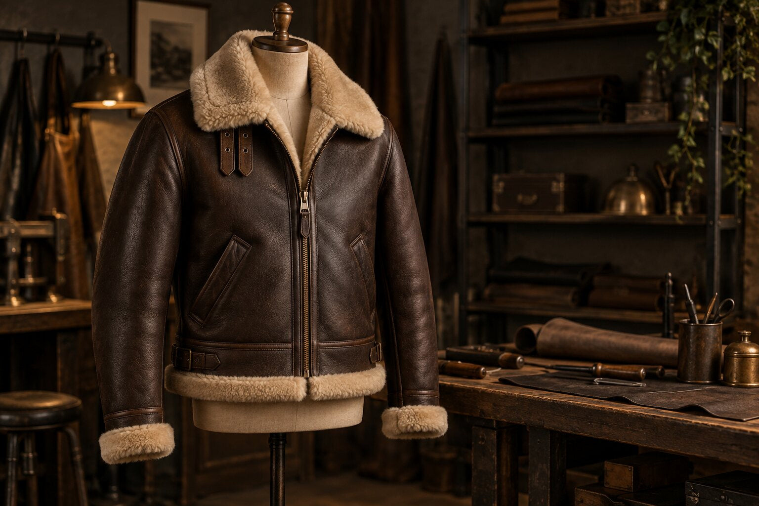 Finished brown B3 shearling jacket displayed in a leather workshop