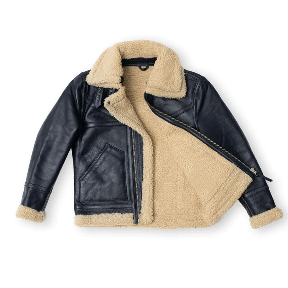 Open jacket view displaying full thick beige shearling wool fleece interior lining of a black leather B-3 coat