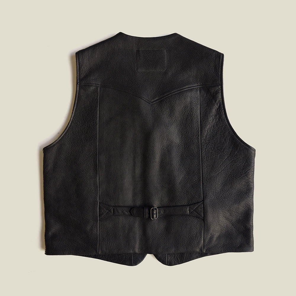 Rear view of full-grain black bison Western vest showing pointed shoulder yoke, shaping seams and adjustable cinch belt