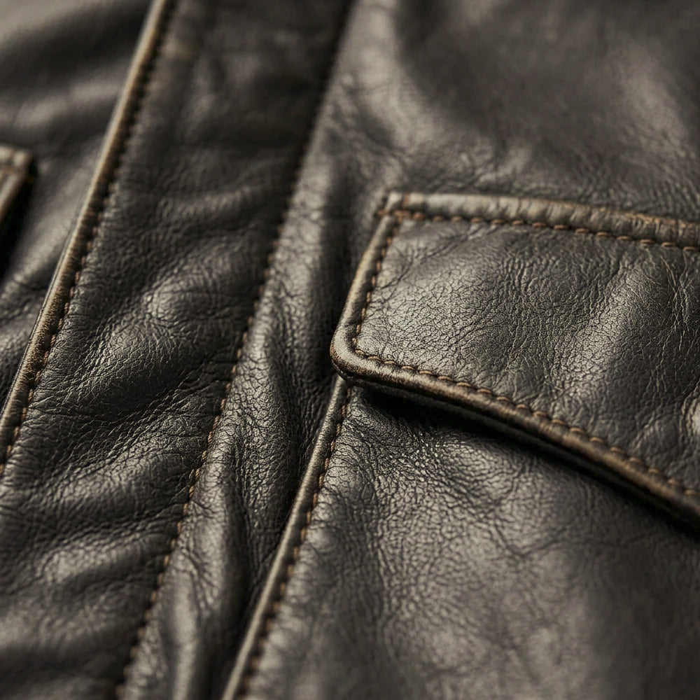 Macro detail of lightly waxed full-grain black lambskin, tonal stitching and shaped flap pocket edge