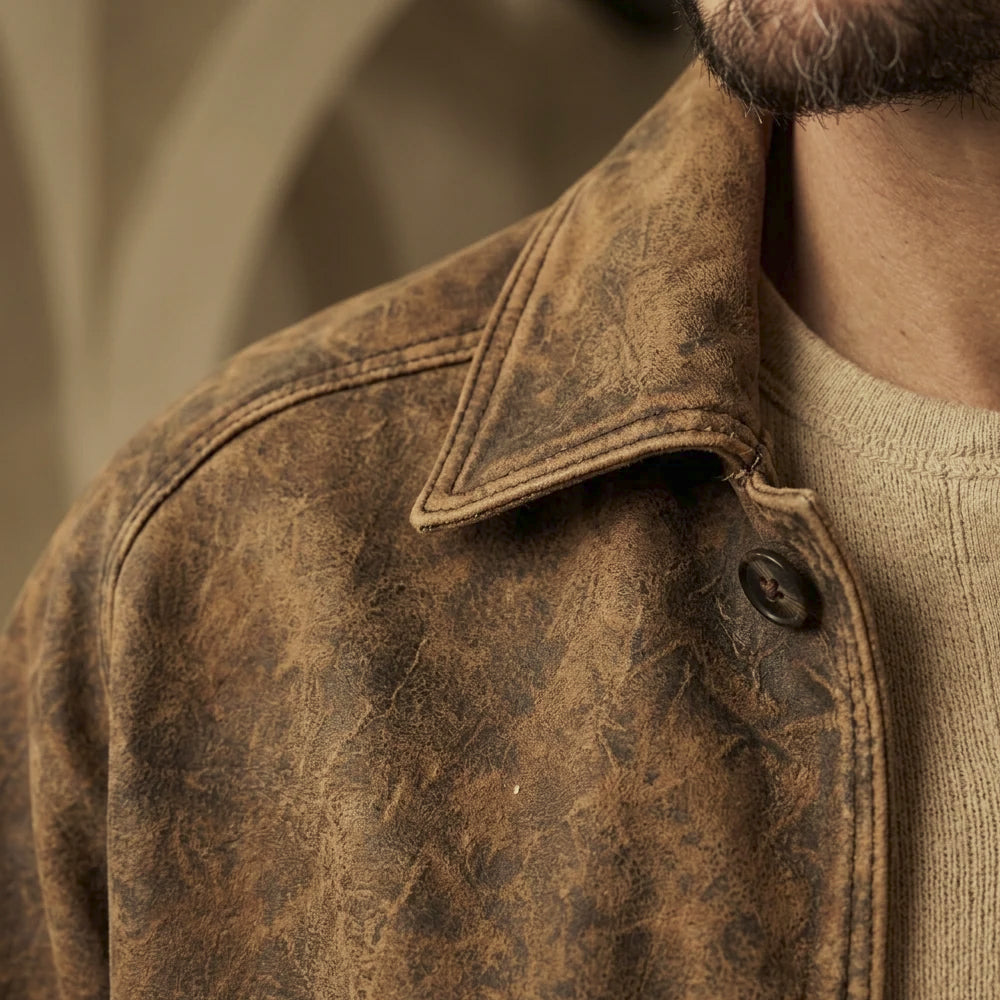 Close-up of full-grain cowhide point collar with mottled tobacco-brown wax finish, tonal stitching and matching button