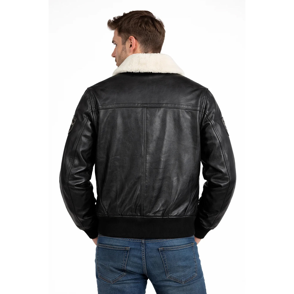 Back view of men's G-1 leather flight bomber jacket with shearling collar and ribbed hem