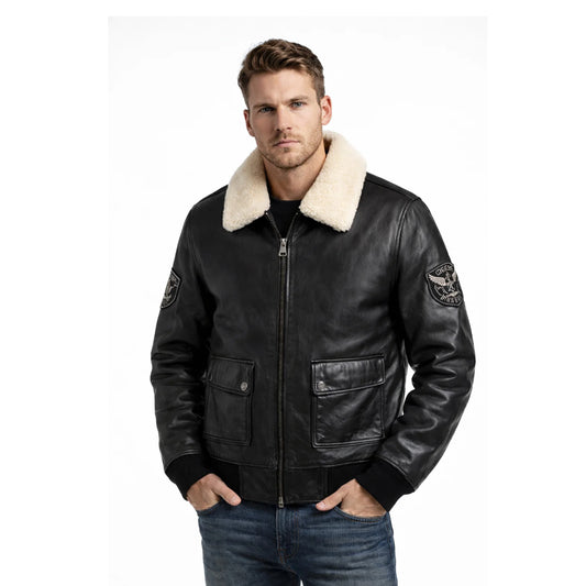 Front view of men's black leather aviator bomber jacket with zip closure and flap pockets