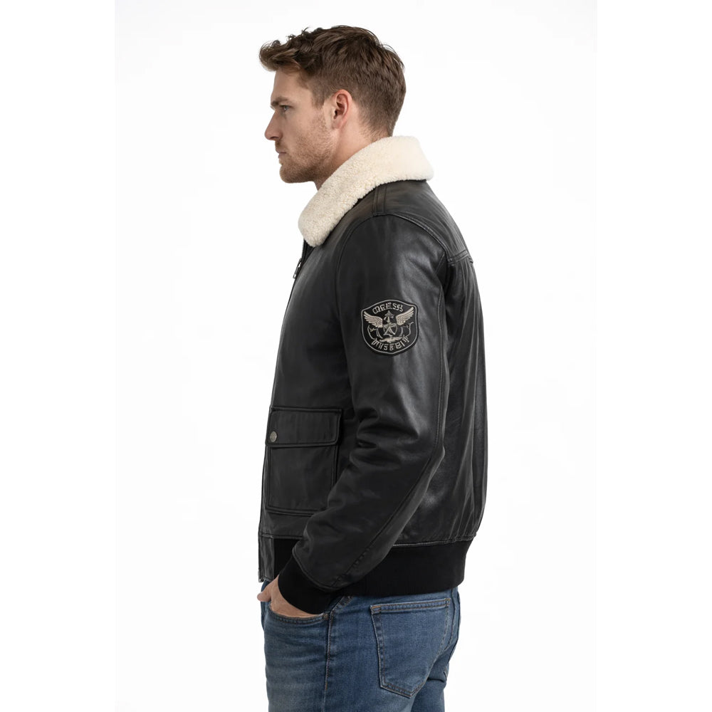 Side view of men's leather flight jacket showing shearling collar and aviator sleeve patch