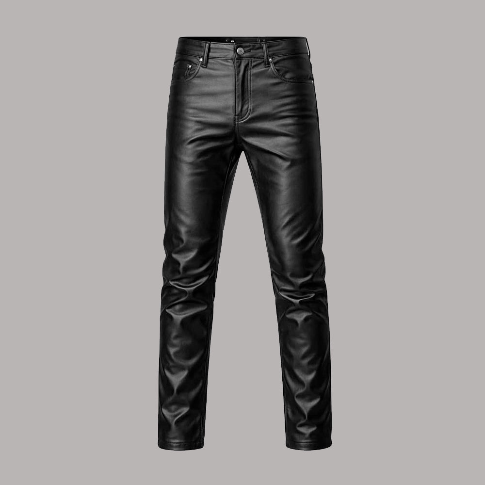 Front view of men's slim fit black genuine leather biker pants with flat front and belt loops.