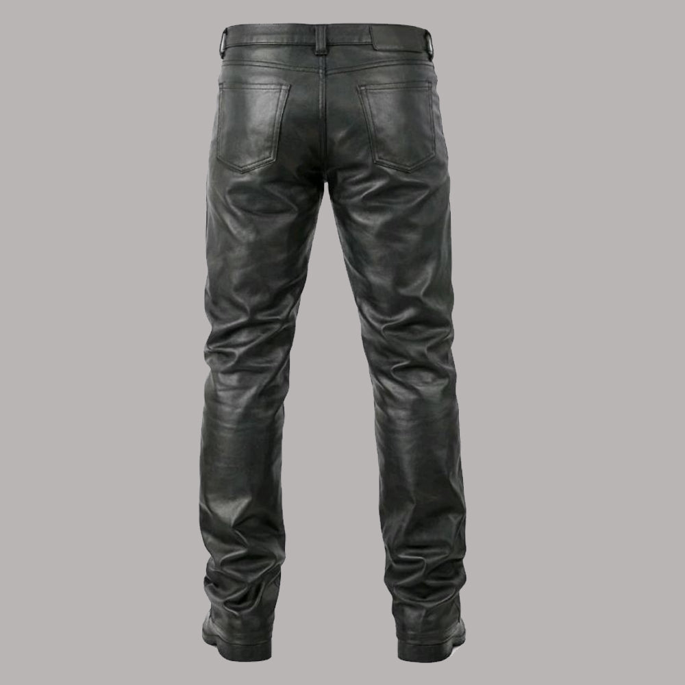 Rear view of men's genuine leather motorcycle pants showing reinforced pockets.