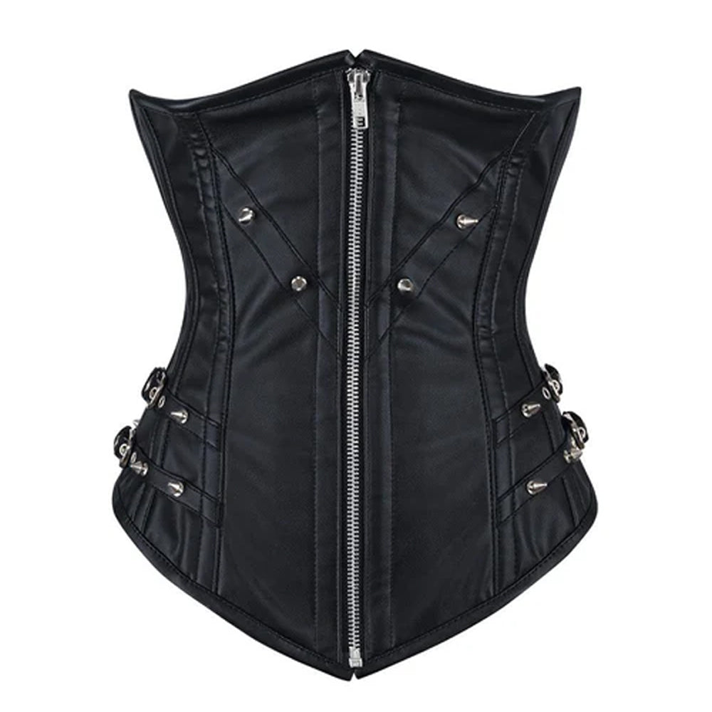 Front product view of genuine black leather underbust corset with pointed hem and metal zipper