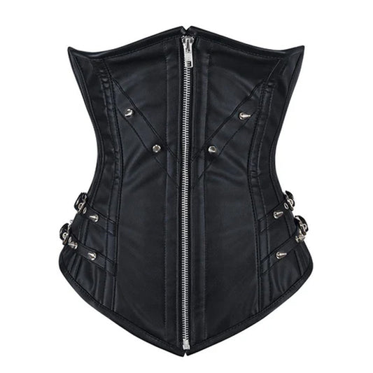Front product view of genuine black leather underbust corset with pointed hem and metal zipper