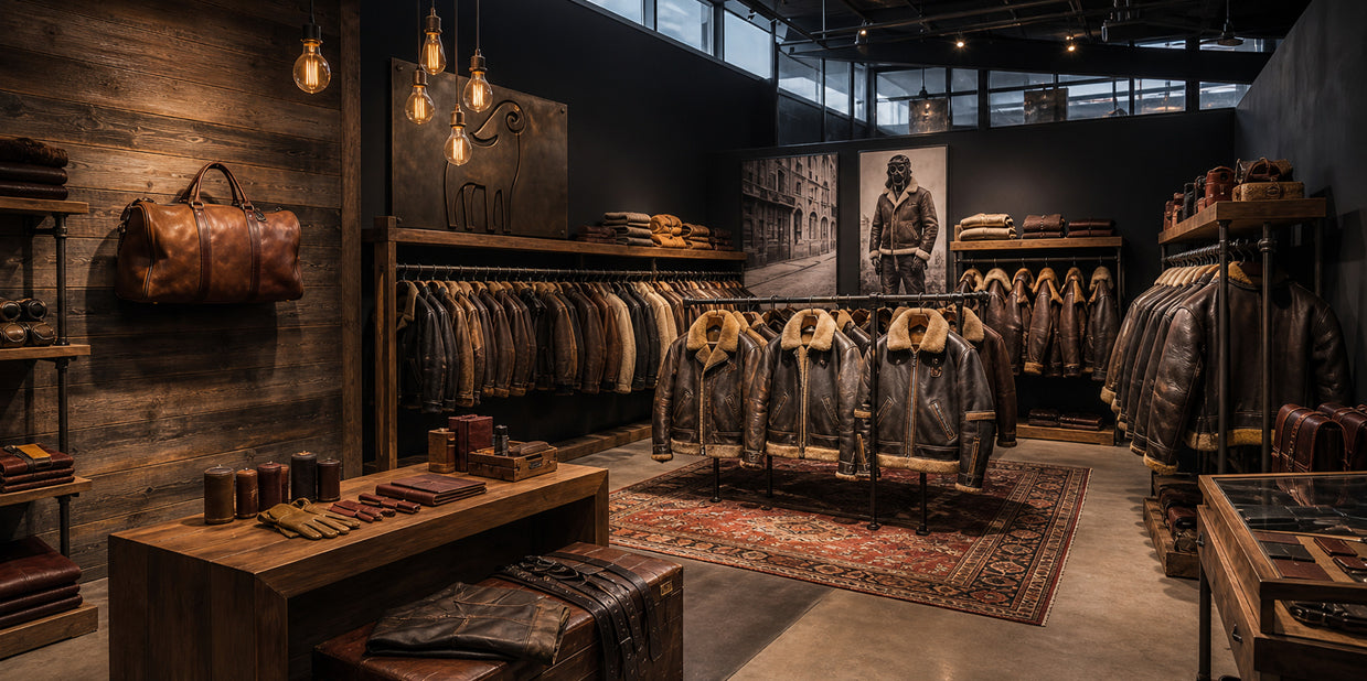 Genuine sheepskin leather jackets and shearling coats displayed inside the premium Sheepskin Leathers outlet