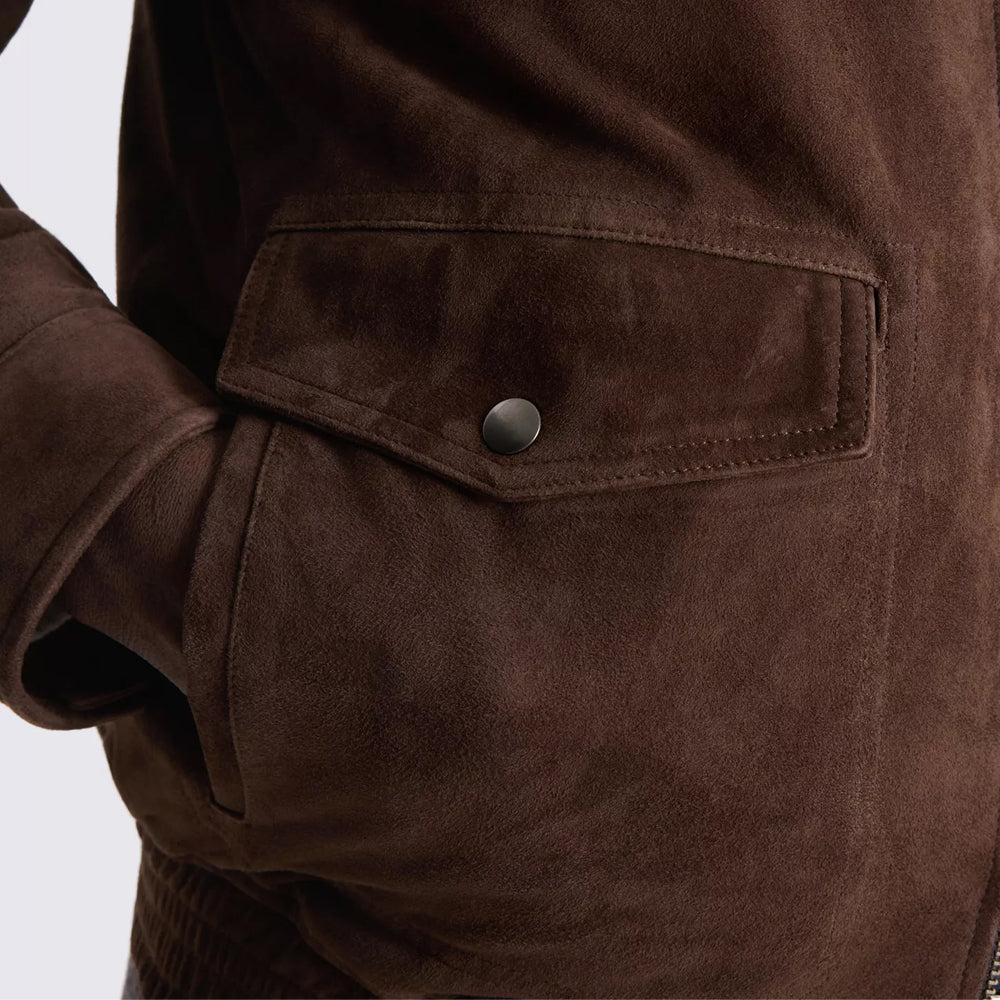 Close-up of goat suede pocket with snap flap, vertical hand opening and directional chocolate brown nap