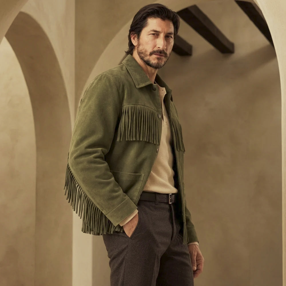 Side view of men's goatskin suede ranch jacket showing clean sleeves and long fringe cascading along the side body.