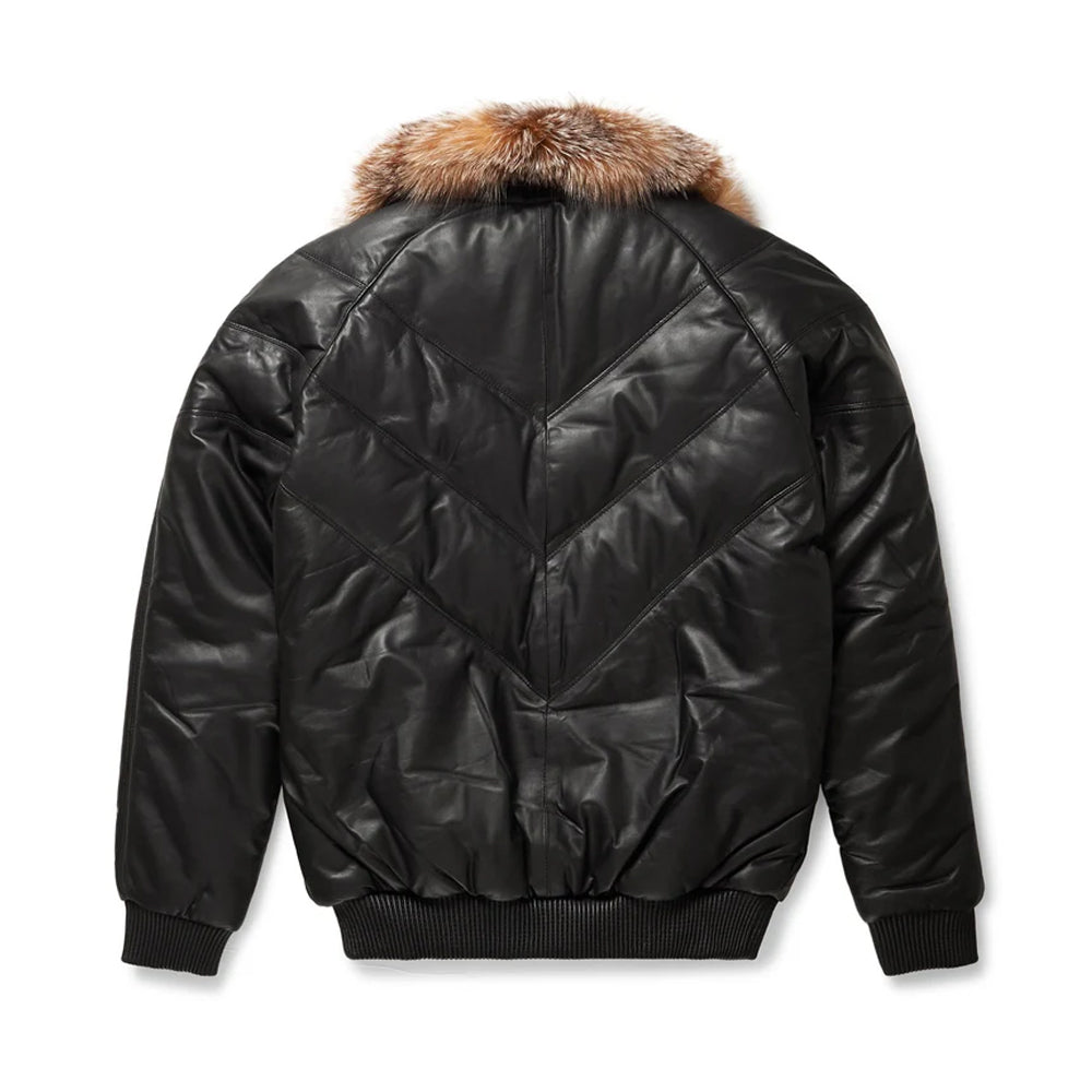 Rear view of the Goose Country black lambskin leather V-bomber down coat, showcasing the signature V-shaped chevron bubble design and ribbed hem.