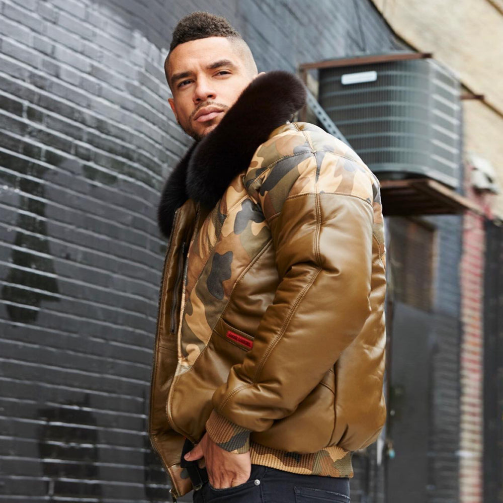 Side profile of camo leather V-bomber jacket with oversized black fox fur collar