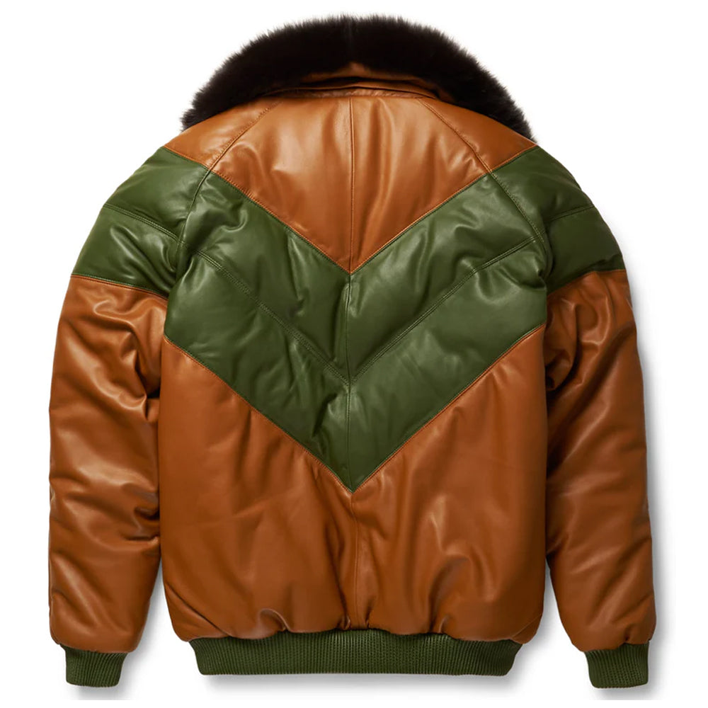 Rear view of the Goose Country men's brown and green leather V-bomber jacket highlighting the symmetric olive green V-shaped quilted design on the back.