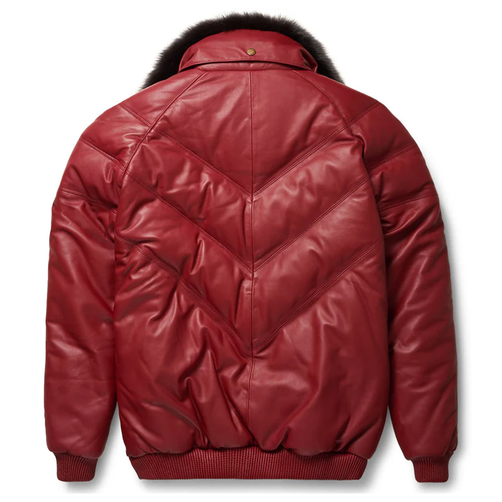 Rear view of the Goose Country men's burgundy leather V-bomber jacket highlighting the symmetric V-shaped quilted design on the back.