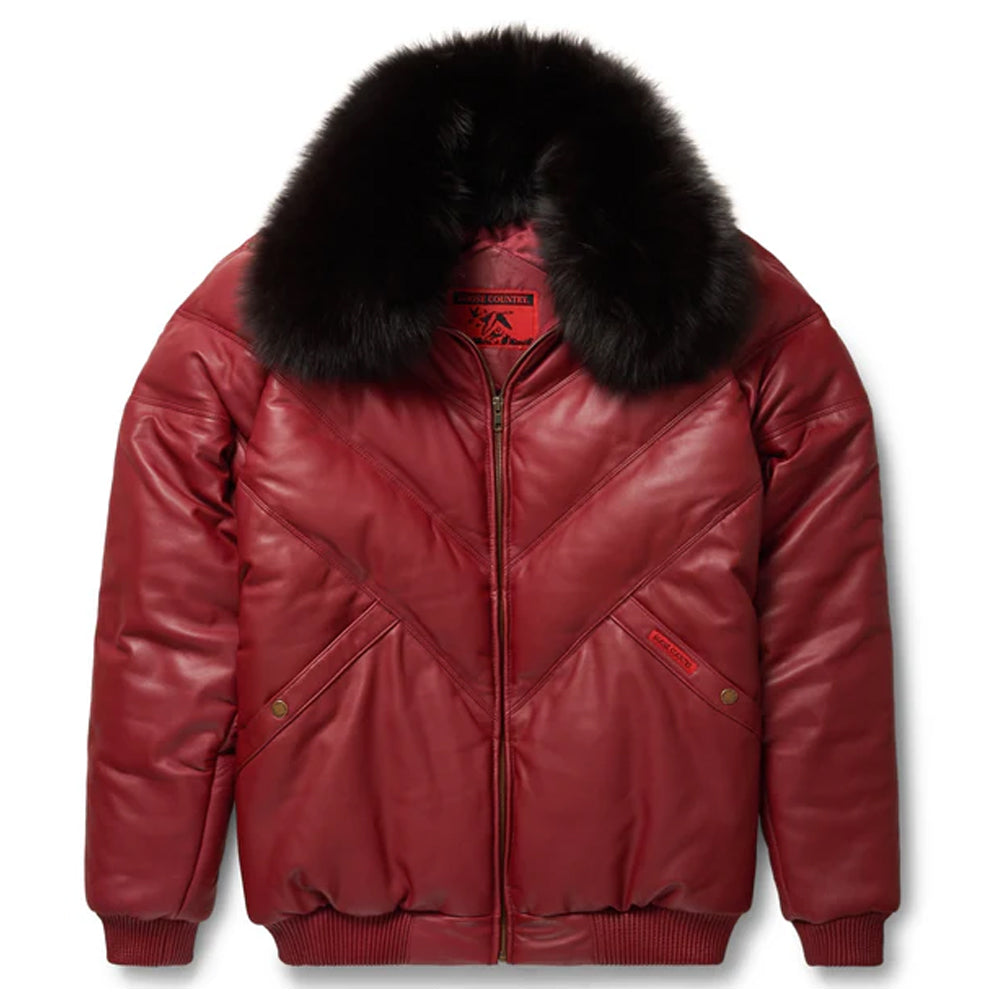 Front view of the Goose Country men's burgundy leather V-bomber jacket displaying the chevron bubble puffer panels and black fox fur collar.