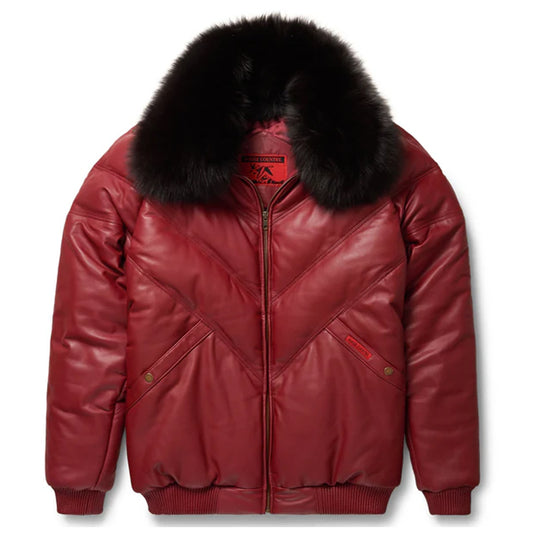 Front view of the Goose Country men's burgundy leather V-bomber jacket displaying the chevron bubble puffer panels and black fox fur collar.