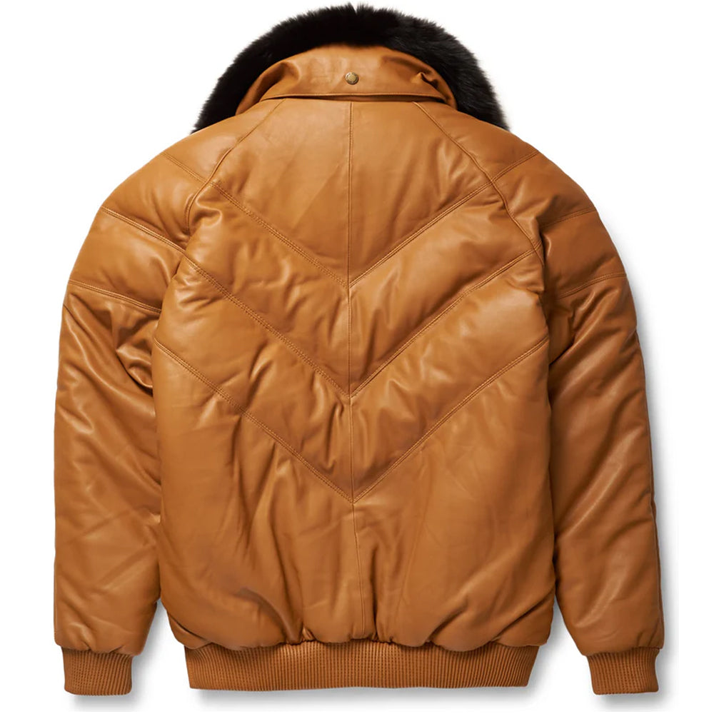 Rear view of the men's camel leather V-bomber down puffer jacket showing the solid tan quilted V-shaped stitching.