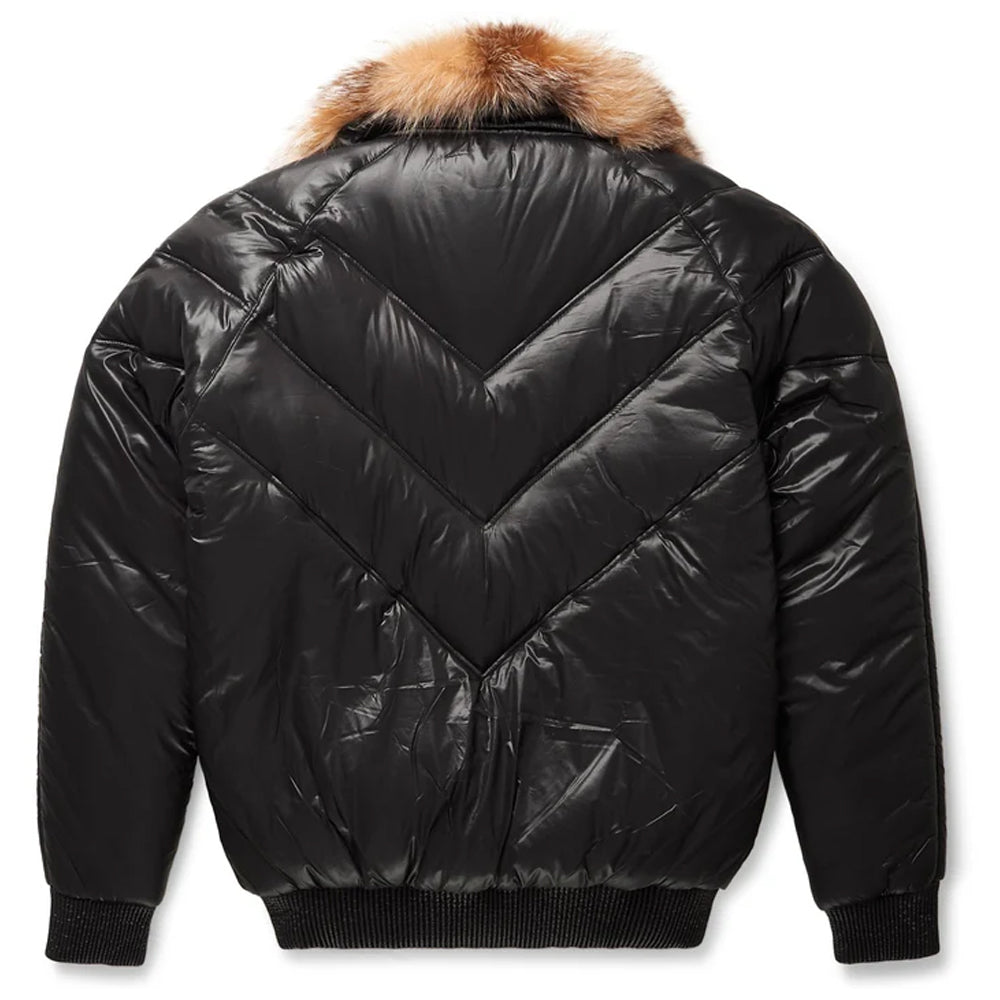 Rear view of the men's technical black nylon V-bomber puffer jacket showing the quilted chevron bubble pattern.