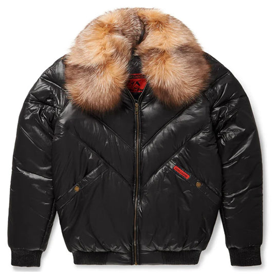 Front profile view of the Goose Country men's nylon black V-bomber jacket with a plush multi-tonal crystal fox fur collar.