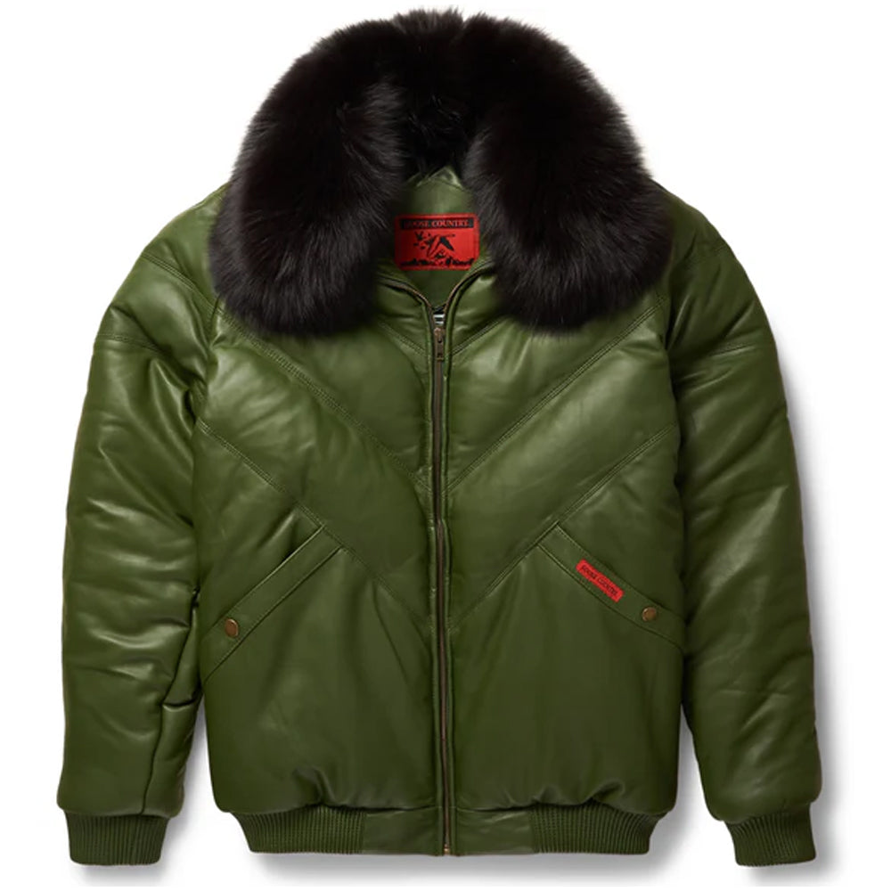Front view of the Goose Country men's olive green leather V-bomber jacket displaying the solid monochrome chevron puffer bubbles and dark fox fur collar.