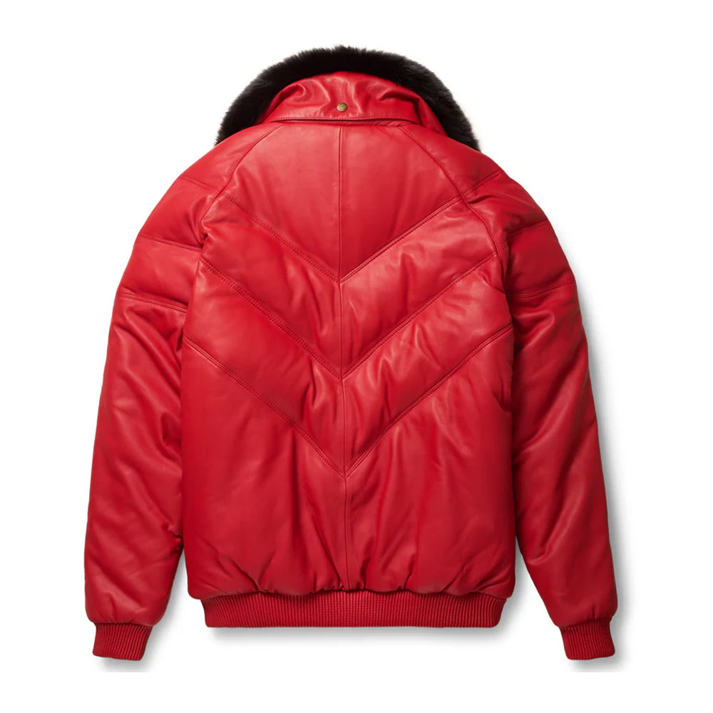 Rear view of the Goose Country men's red leather V-bomber jacket highlighting the symmetric V-shaped quilted design on the back.