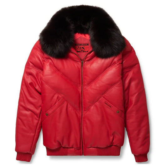 Front view of the Goose Country men's red leather V-bomber jacket featuring the chevron bubble puffer panels and black fox fur collar.