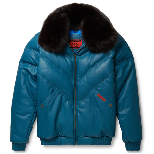Front view of the Goose Country men's teal leather V-bomber jacket displaying the chevron bubble puffer panels and black fox fur collar.