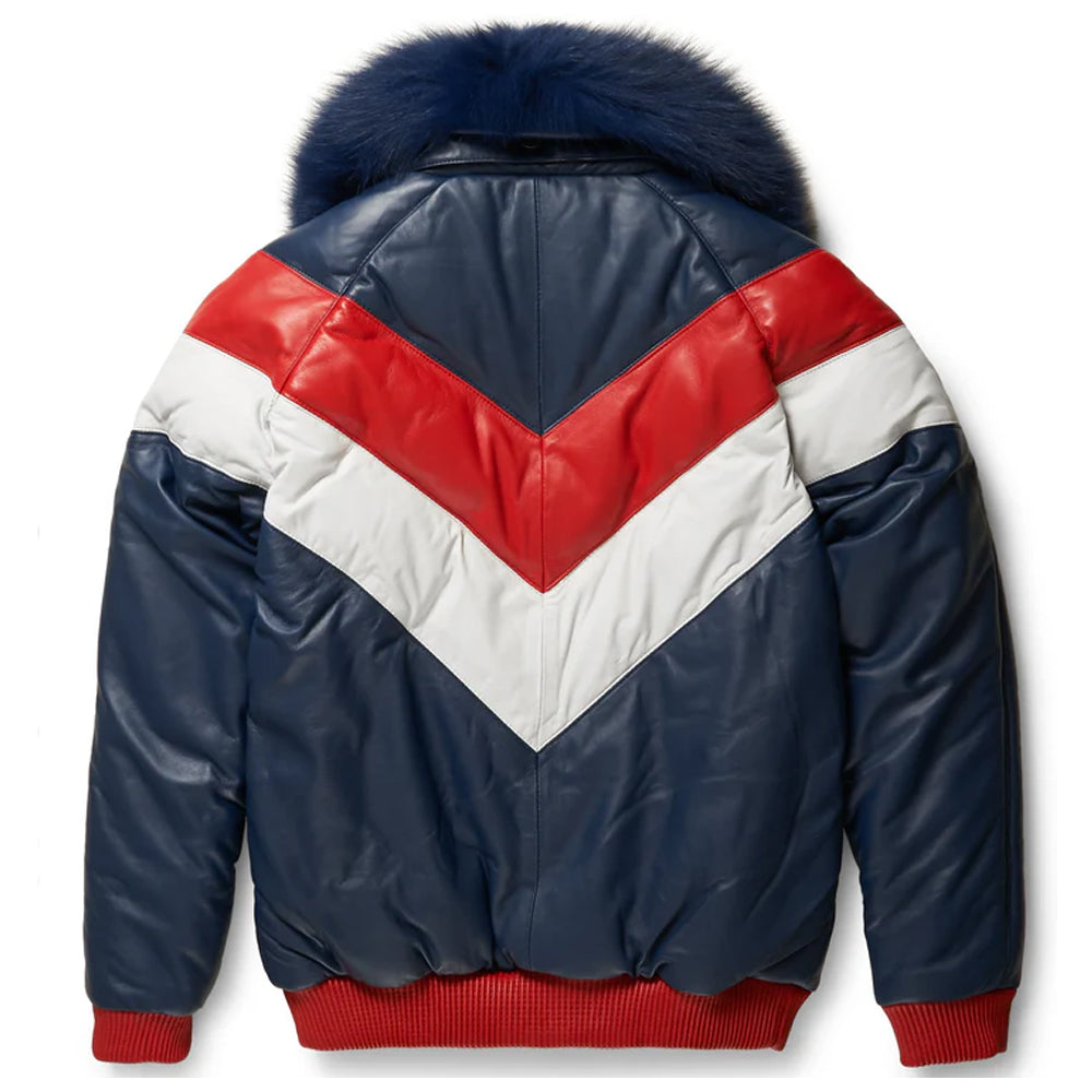 Rear view of the Goose Country men's tri-color V-bomber leather jacket highlighting the symmetric red and white V-shaped quilted chevron design on the back.