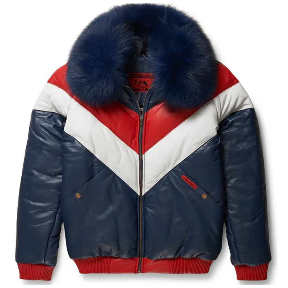 Front view of the Goose Country men's tri-color V-bomber leather jacket displaying the navy, red, and white chevron puffer panels and navy fox fur collar.