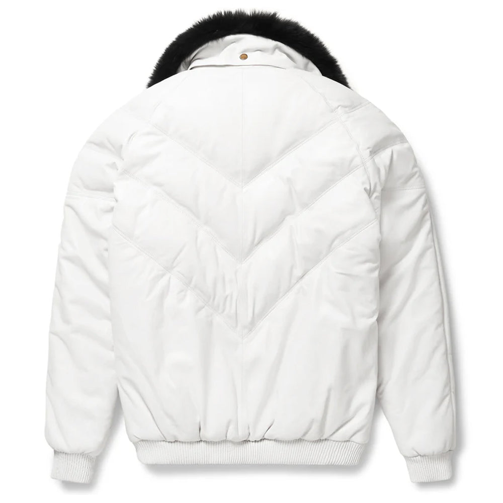 Rear view of the Goose Country men's white leather V-bomber jacket highlighting the symmetric V-shaped quilted design on the back.