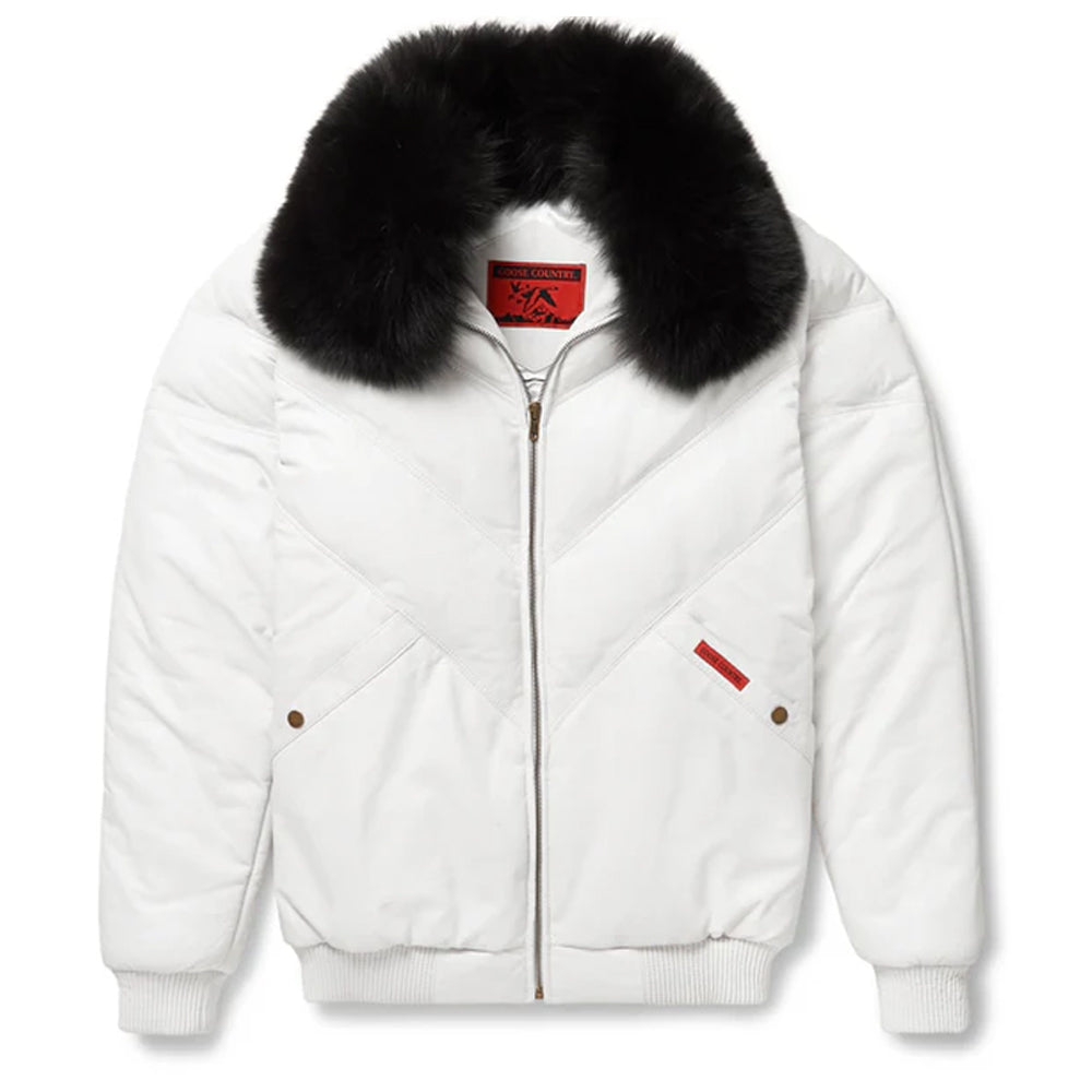Front view of the Goose Country men's white leather V-bomber jacket displaying the chevron bubble puffer panels and black fox fur collar.
