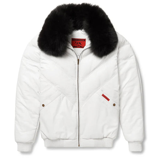 Front view of the Goose Country men's white leather V-bomber jacket displaying the chevron bubble puffer panels and black fox fur collar.