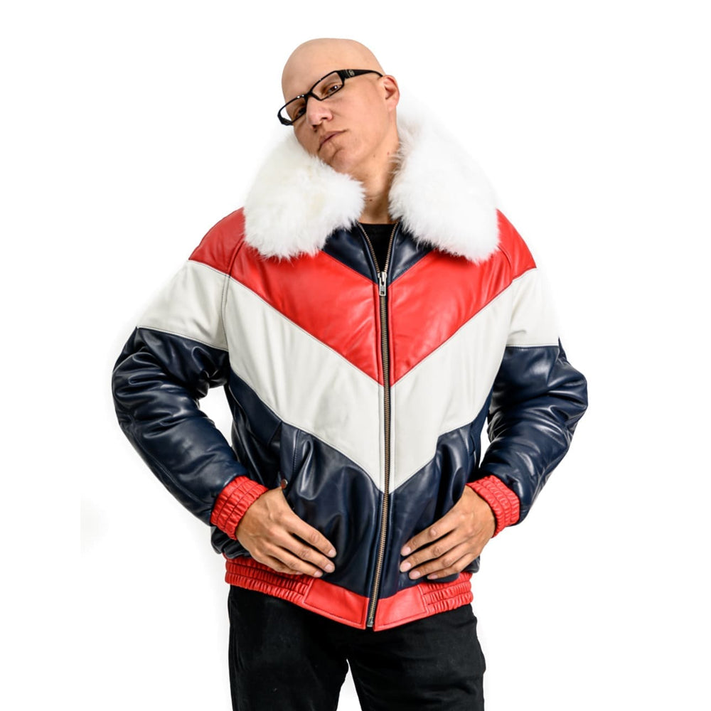 Front view of men's Goose Country tri-color V-Bomber leather jacket in navy, red and white lambskin with detachable white fox fur collar