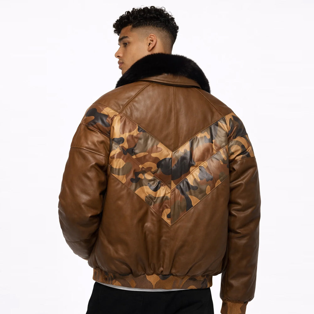 Back view of camo leather V-bomber jacket showing chevron paneling and fox fur collar