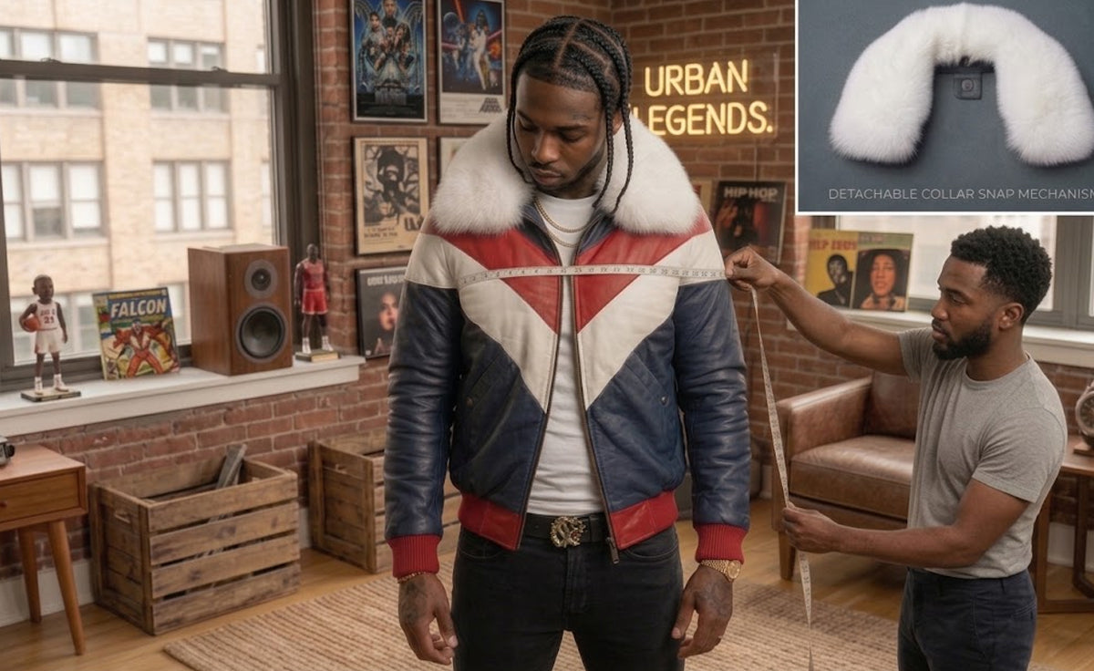 Man being measured for tri-color leather V-bomber jacket fit with detachable white fur collar snap mechanism detail