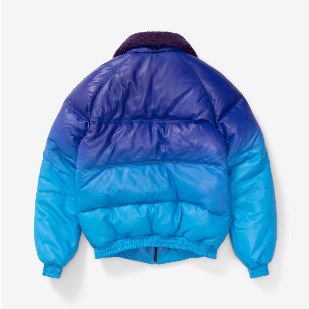 Rear view showing the seamless purple to blue gradient transition on the SNS x Double Goose leather jacket.