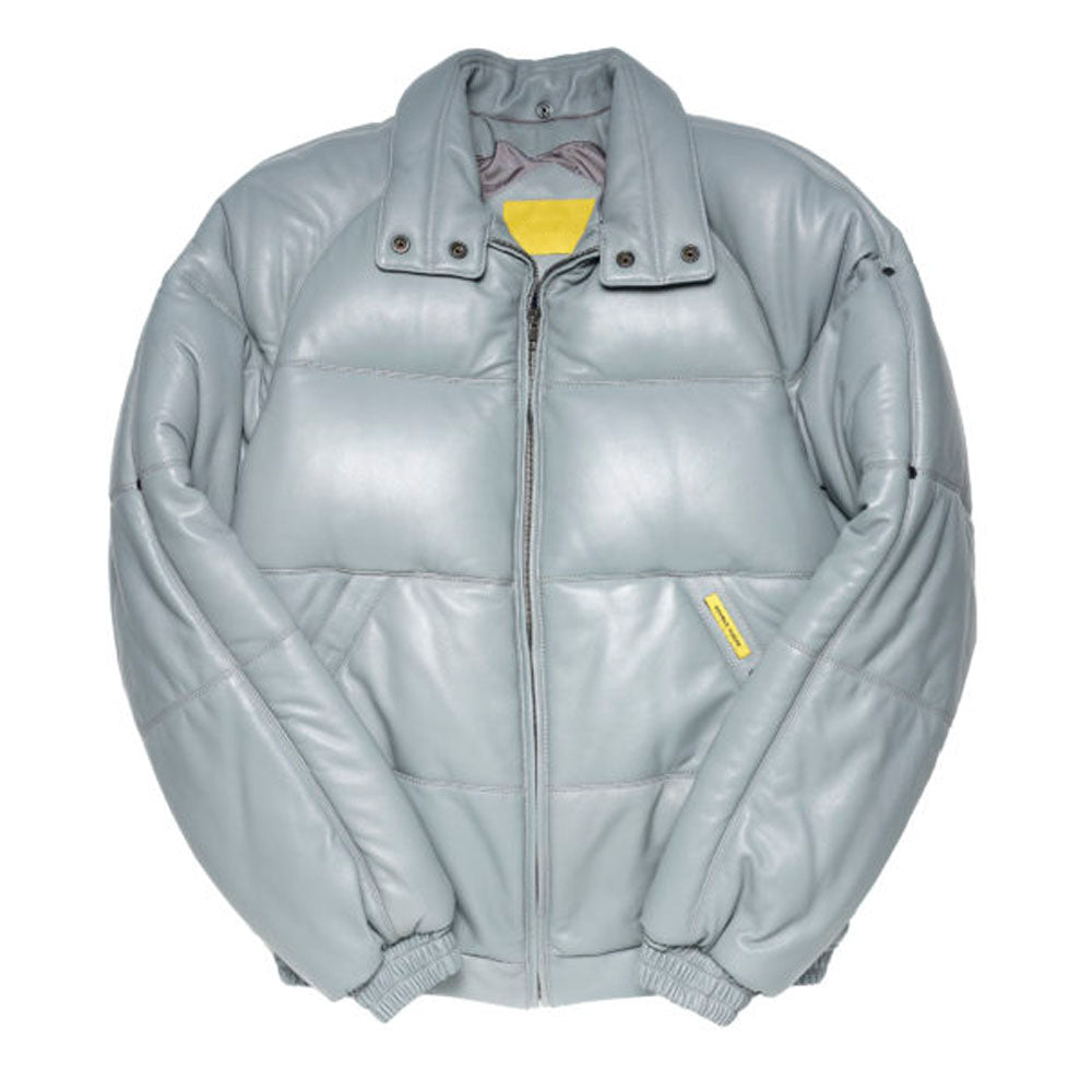 Authentic light grey lambskin leather bomber jacket shown without the detachable collar for a sleek racer look.