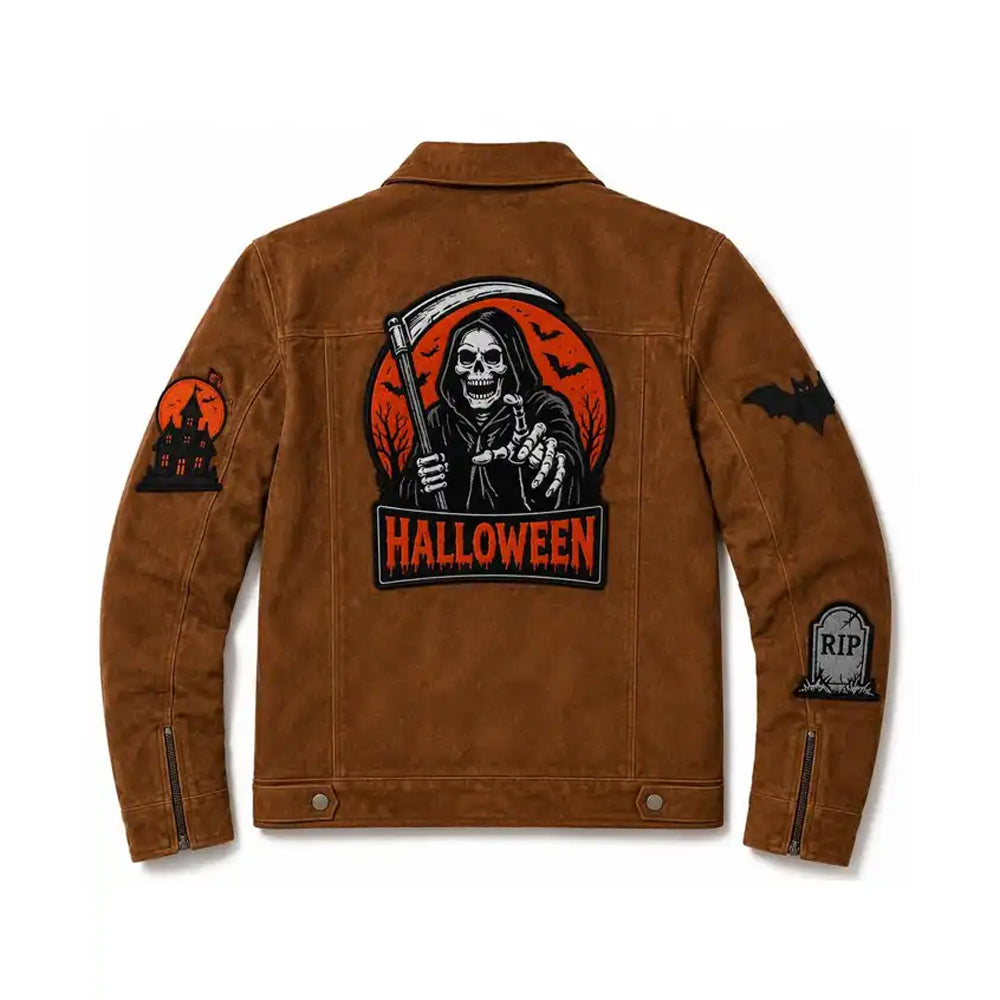 Rear view of brown goatskin suede jacket with oversized Grim Reaper Halloween back patch