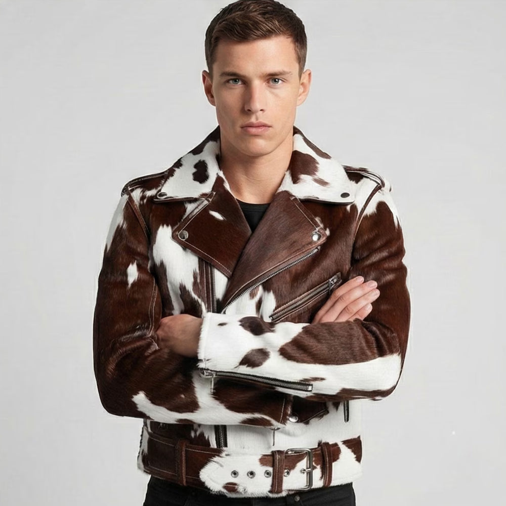 Upper detail of hair-on-hide motorcycle jacket with wide lapels, chest zipper and epaulettes