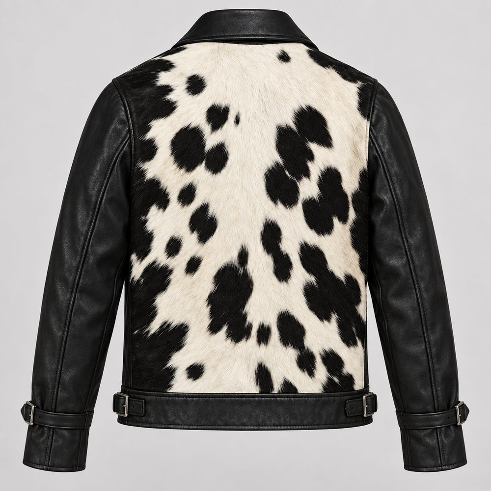 Rear panel of hair-on-hide Western jacket with black sheepskin trim and waist adjusters