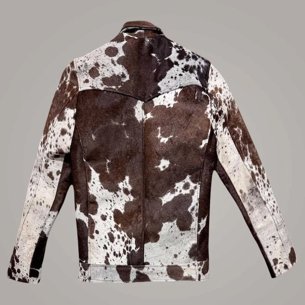 Back view of hair-on-hide Western yoke jacket showing pointed shoulder panel and center seam