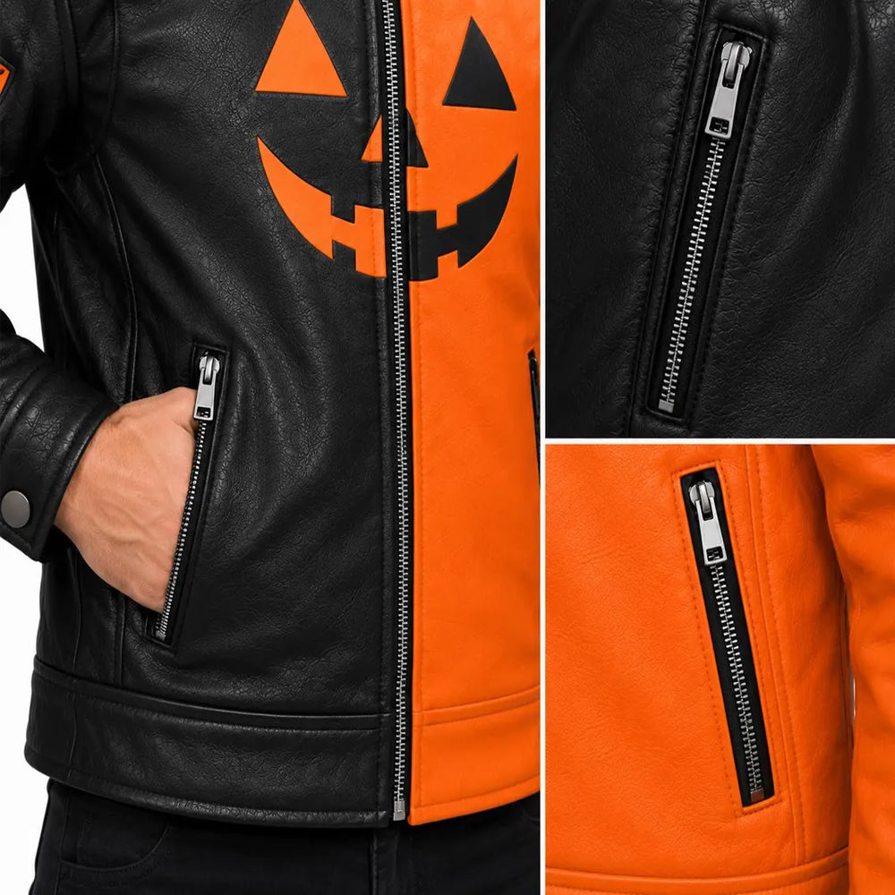 Metal center zipper and slanted zip pockets on two-tone Halloween jacket