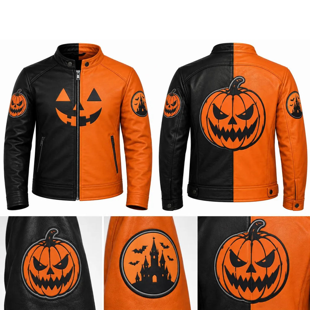 Front, back and patch details of men’s pumpkin Halloween leather jacket